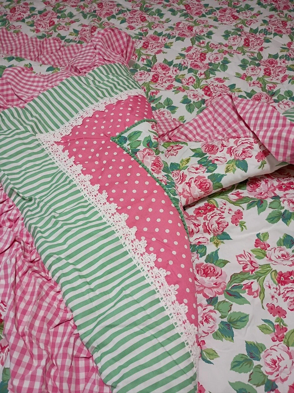 Matilda Jane Floral Pink Green Quilted Comforter Shams Pillow Set Full Queen NWT
